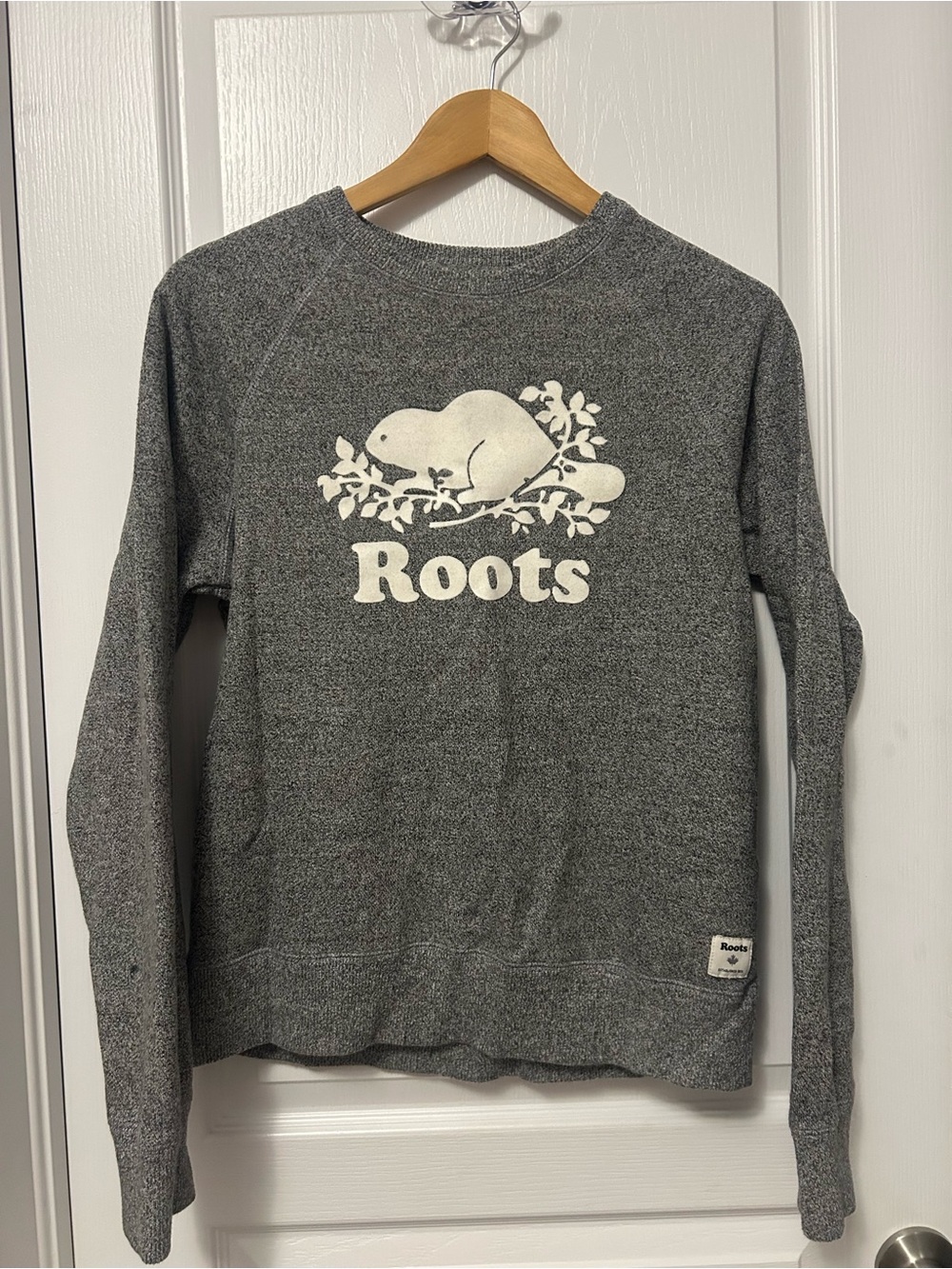 Roots Heather Gray Crewneck Sweater with White Logo